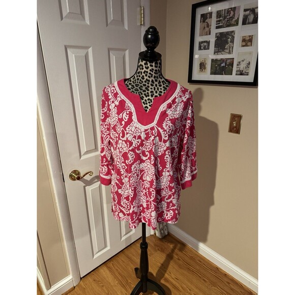 Croft & Barrow Women's 1X Pink White Floral Long Sleeve Tunic T-Shirt - Picture 1 of 7